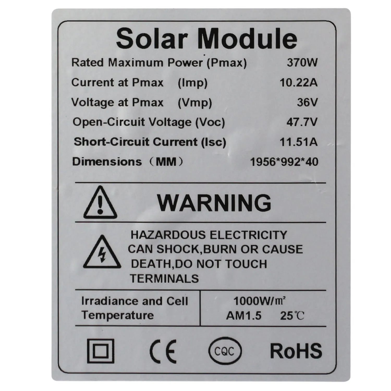 PowMr 370W Monocrystalline Solar Panel 48VOC Solar PV module